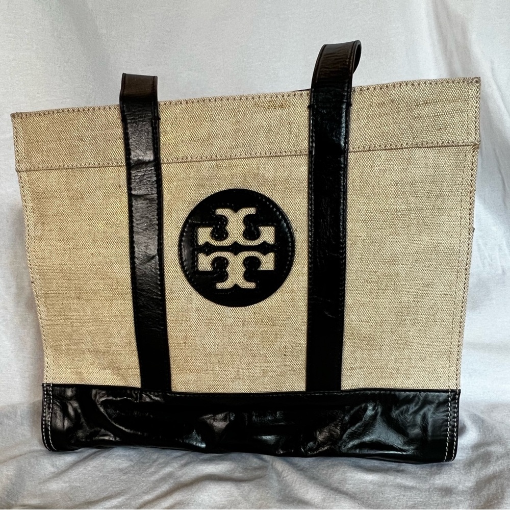Tory Burch natural linen/gold embellished and Black Canvas Tote